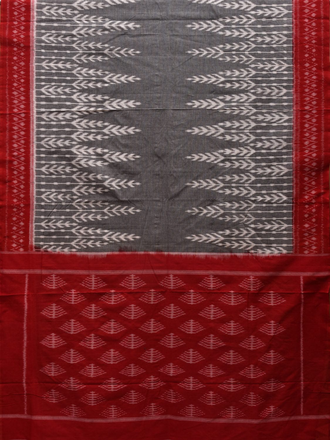 Grey and Red Pochampally Ikat Cotton Handloom Saree with Tree Border Design i0687