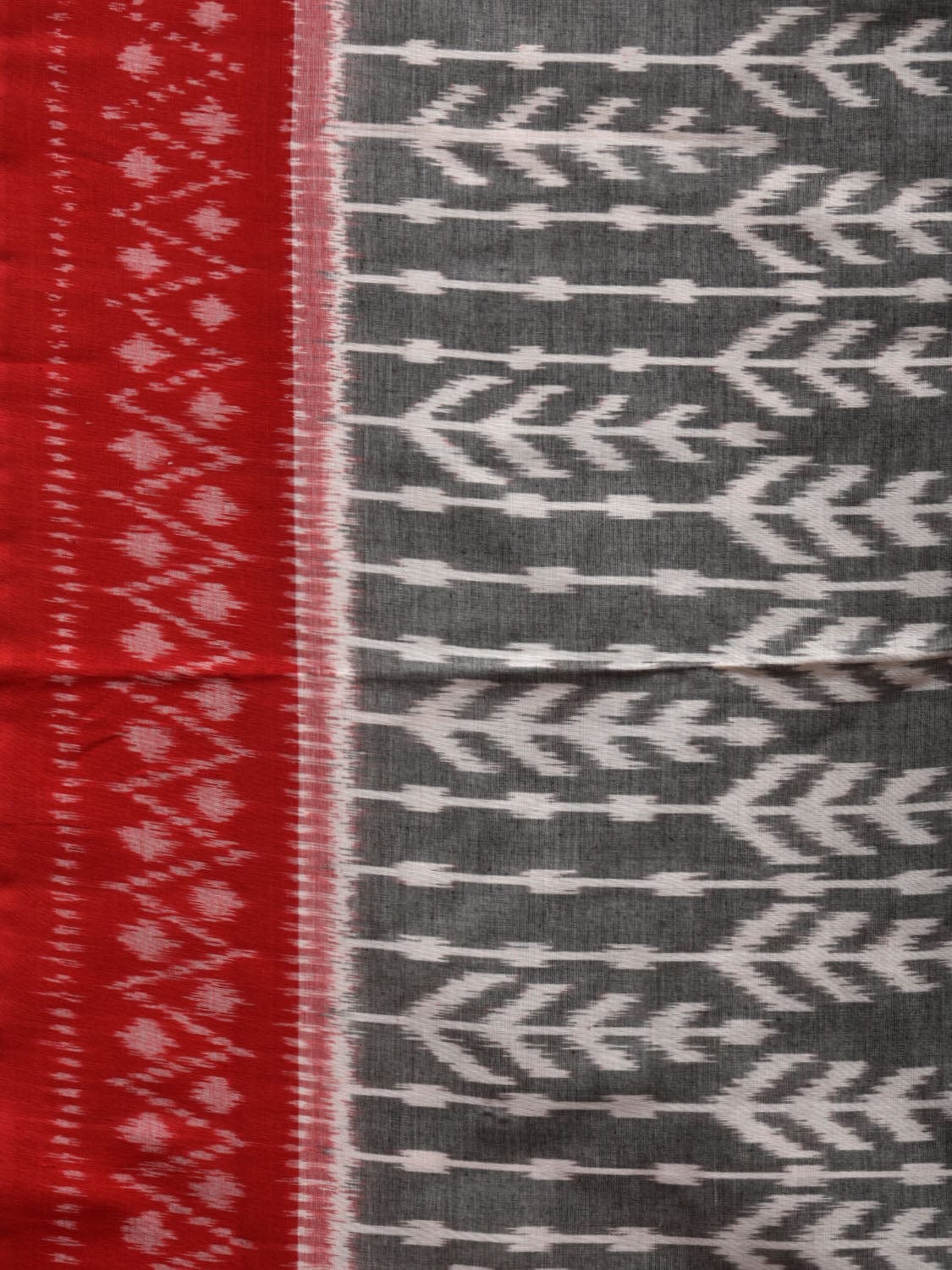 Grey and Red Pochampally Ikat Cotton Handloom Saree with Tree Border Design i0687