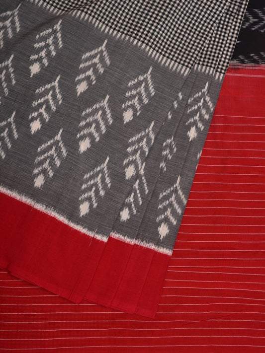 Grey and Red Pochampally Ikat Cotton Handloom Saree with Triple All Over Design i0724