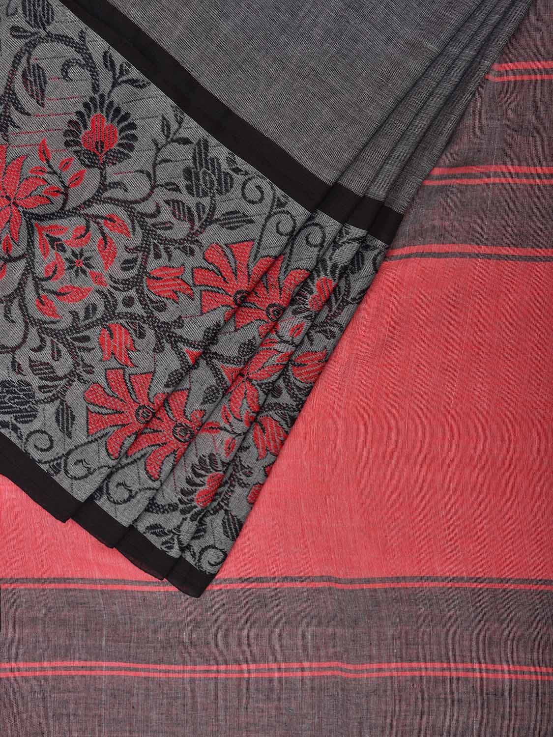 Grey and Red Pure Cotton Jacquard Plain Saree with Big Floral Border Design o0544