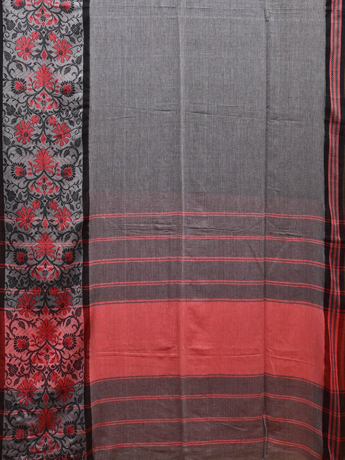 Grey and Red Pure Cotton Jacquard Plain Saree with Big Floral Border Design o0544