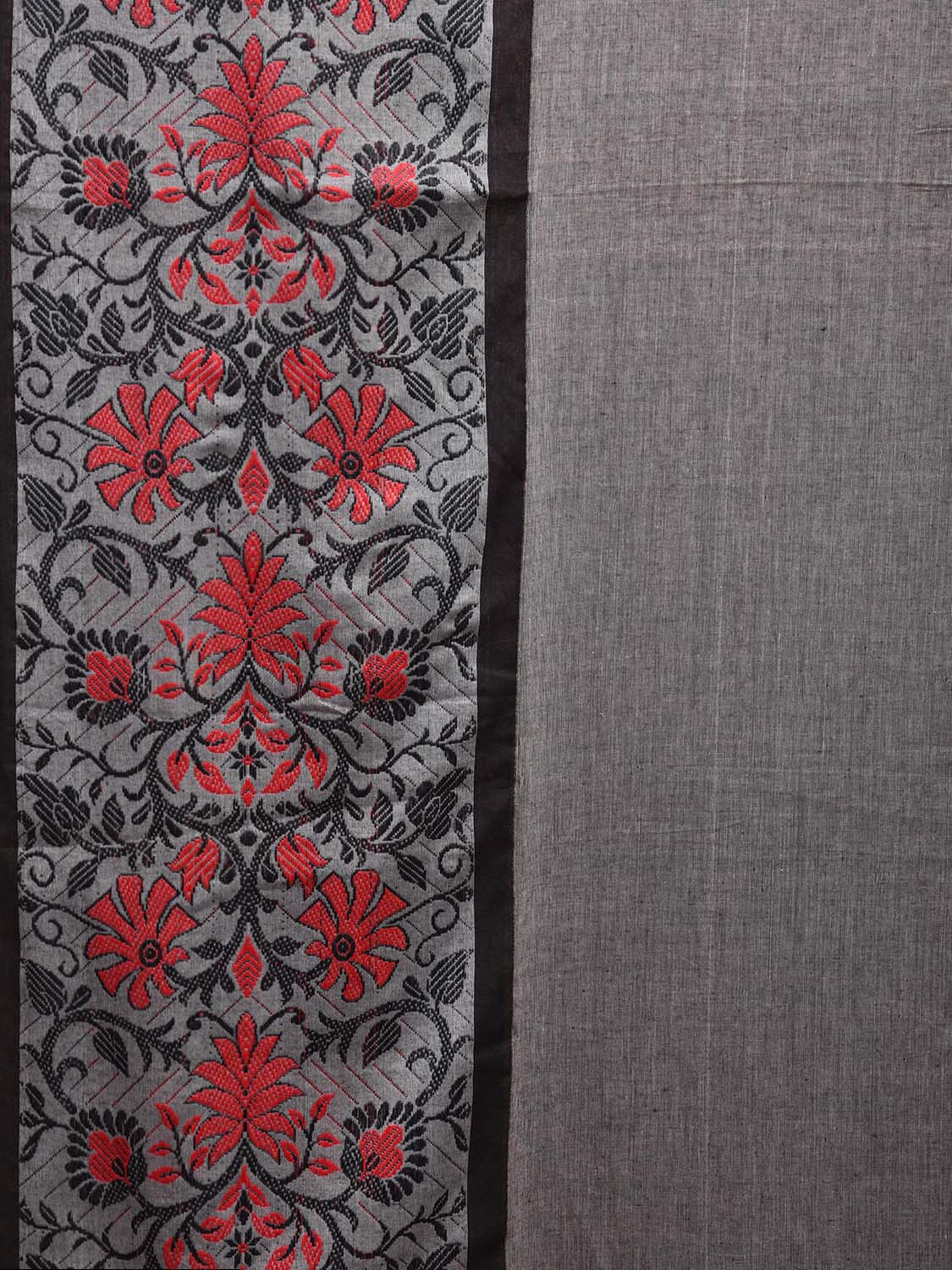Grey and Red Pure Cotton Jacquard Plain Saree with Big Floral Border Design o0544