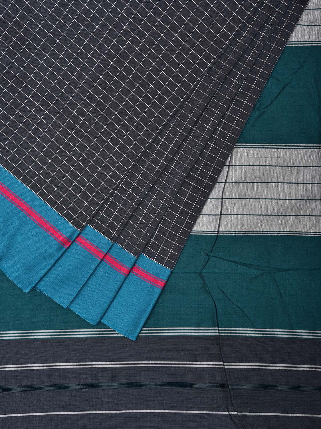 Grey and Teal ilkal Cotton Viscose Saree with Checks Design o0529