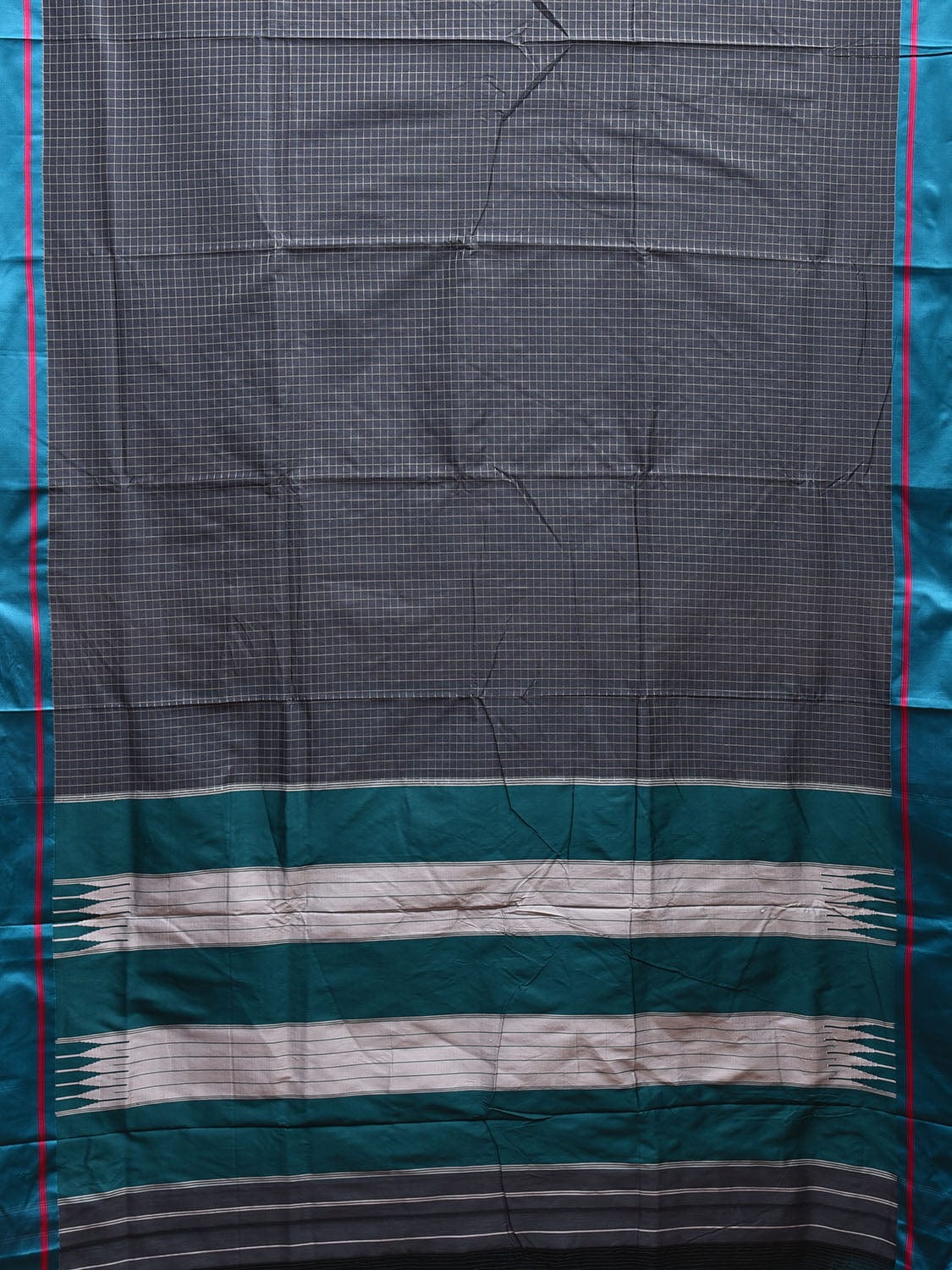 Grey and Teal ilkal Cotton Viscose Saree with Checks Design o0529