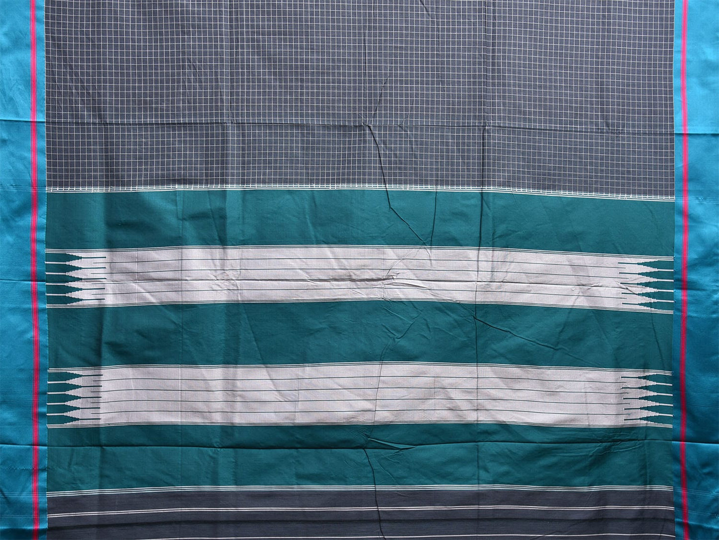 Grey and Teal ilkal Cotton Viscose Saree with Checks Design o0529