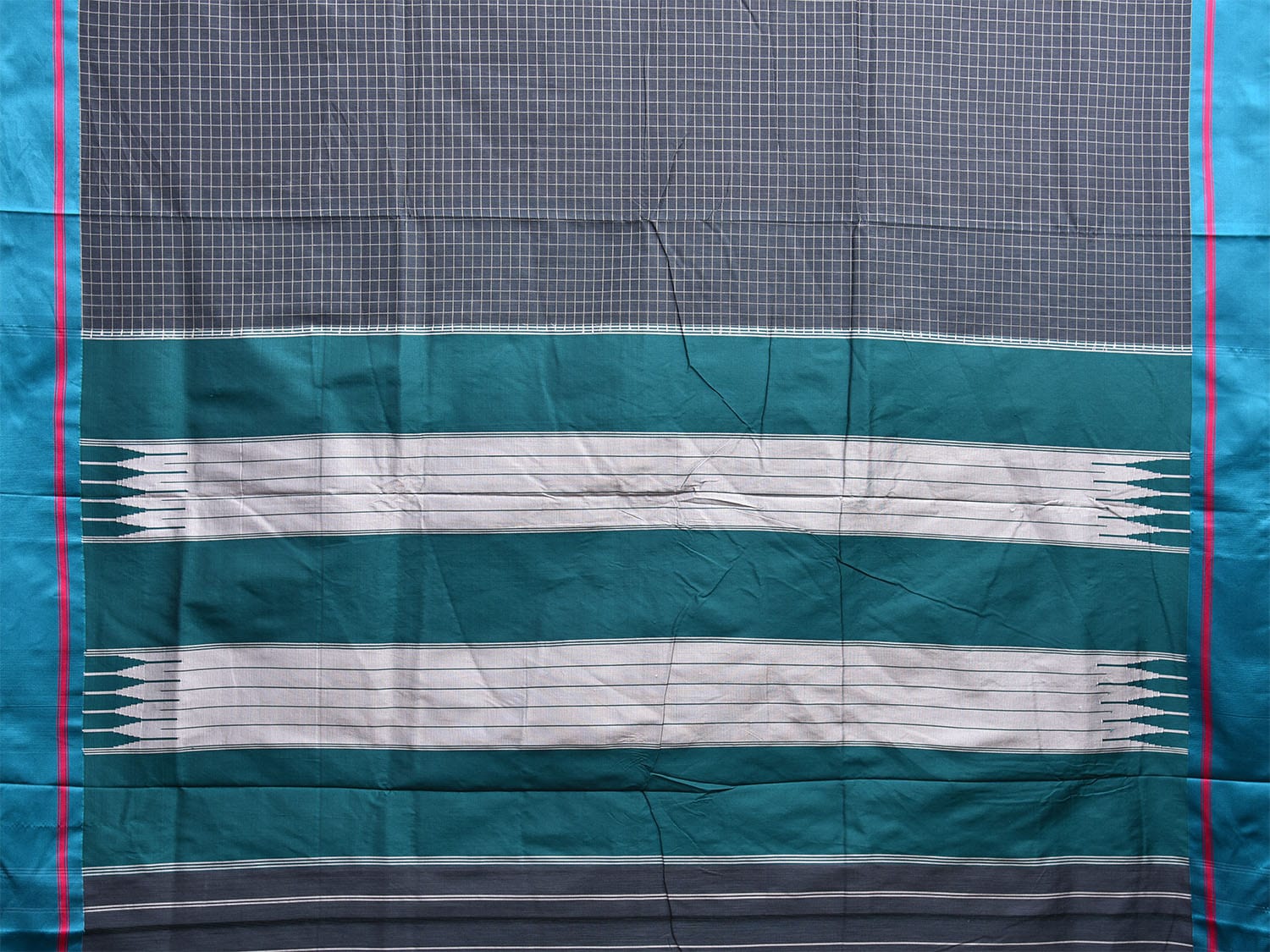 Grey and Teal ilkal Cotton Viscose Saree with Checks Design o0529