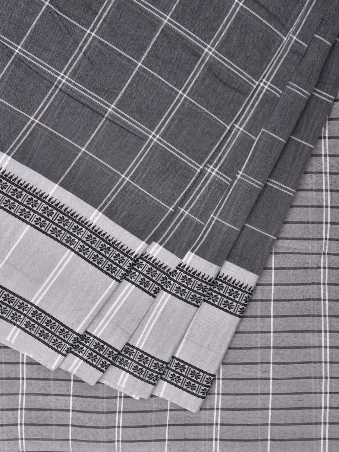 Grey and White Bamboo Cotton Saree with Big Checks Design No Blouse bc0651