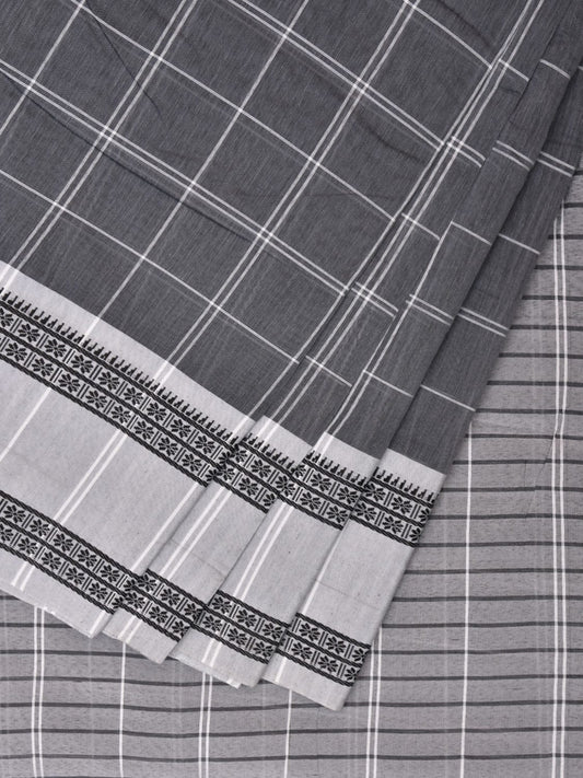 Grey and White Bamboo Cotton Saree with Big Checks Design No Blouse bc0651
