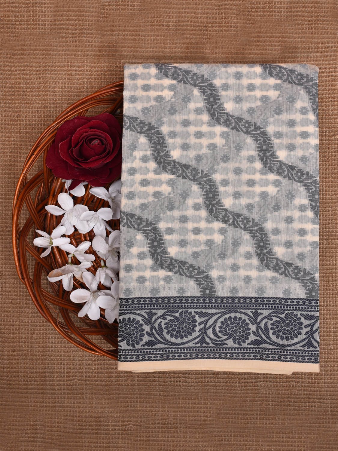 Grey and White Dhakai Jamdani Cotton Viscose Saree with Diagonal Design dj0039