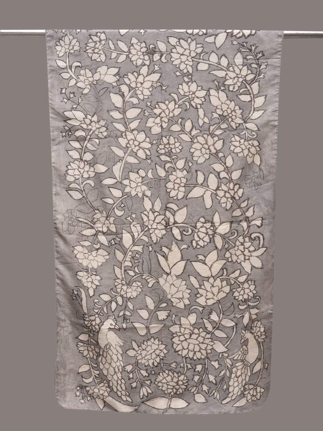 Grey and White Kalamkari Hand Painted Silk Handloom Stole with Peacocks and Floral Design ds2562