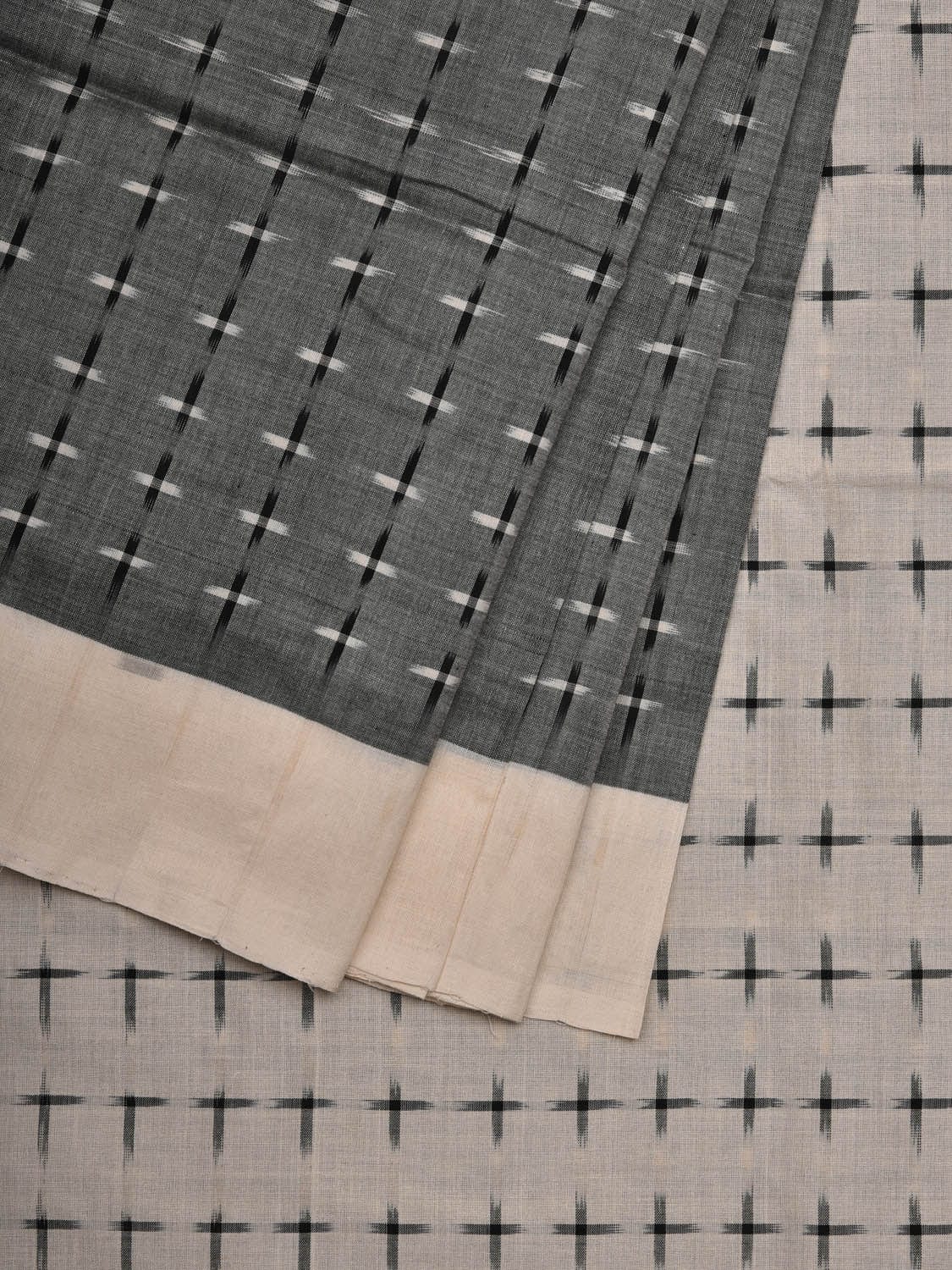 Grey and White Pochampally Ikat Cotton Handloom Saree with Plus Buta Design i0659