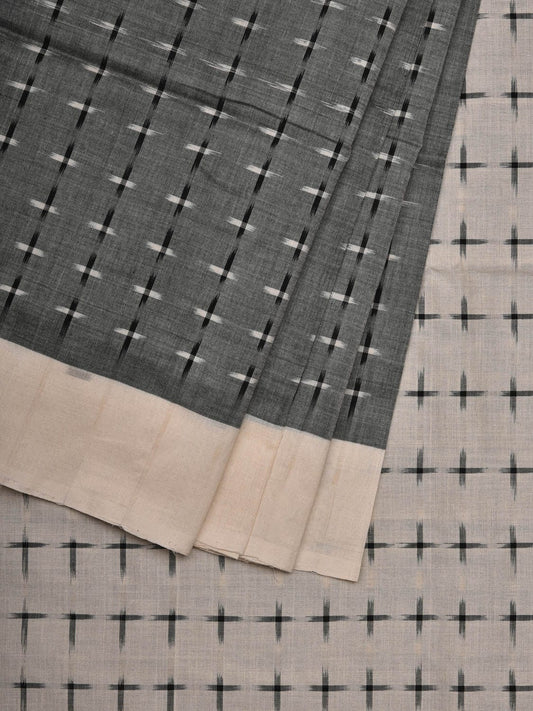 Grey and White Pochampally Ikat Cotton Handloom Saree with Plus Buta Design i0659