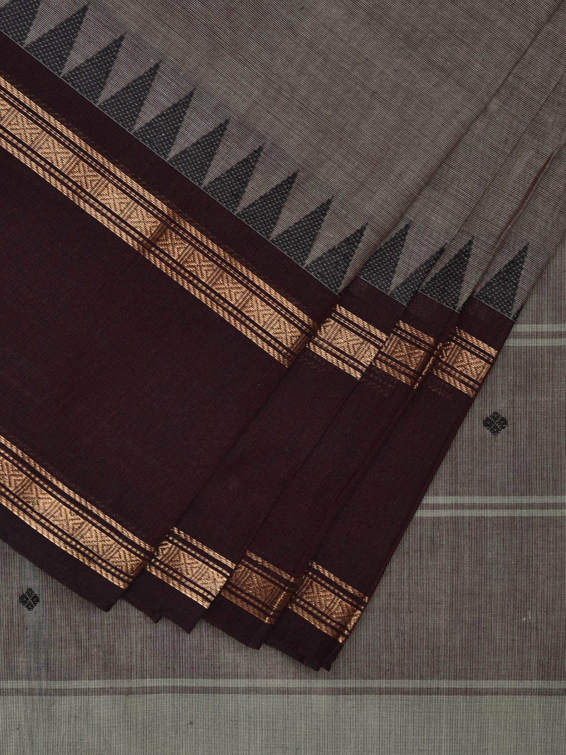 Grey and Wine Kanchipuram Cotton Saree with Strips Pallu and Temple Border Design k0729