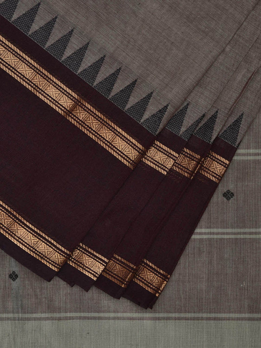Grey and Wine Kanchipuram Cotton Saree with Strips Pallu and Temple Border Design k0729