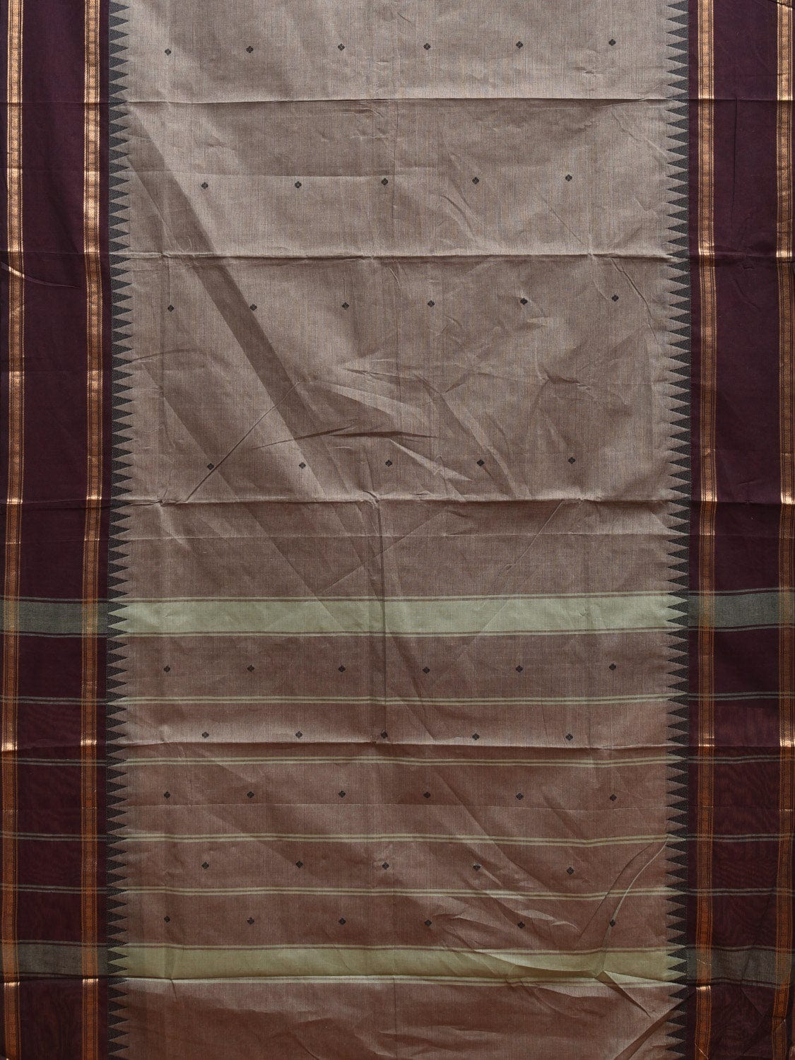 Grey and Wine Kanchipuram Cotton Saree with Strips Pallu and Temple Border Design k0729