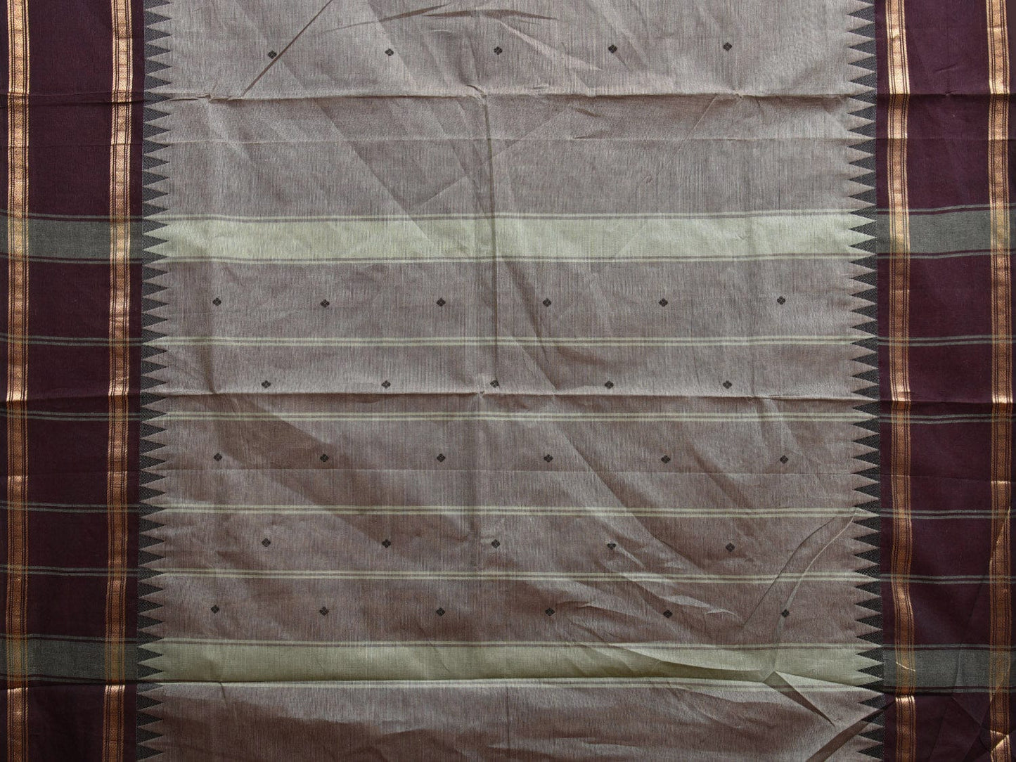 Grey and Wine Kanchipuram Cotton Saree with Strips Pallu and Temple Border Design k0729