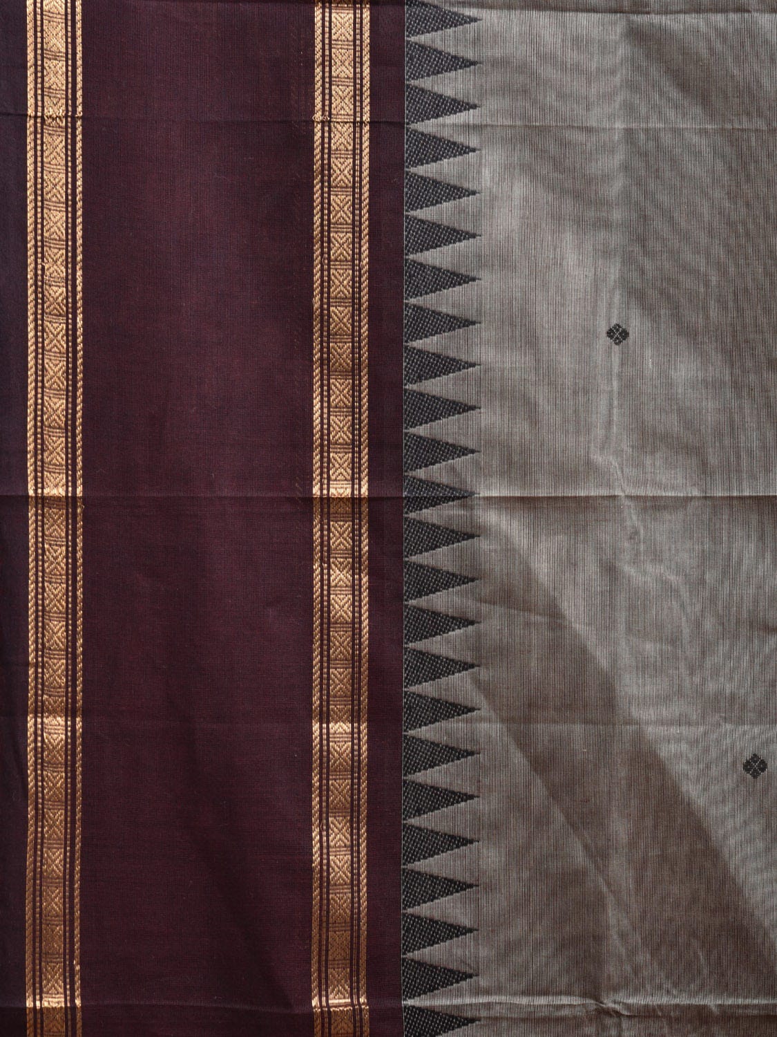 Grey and Wine Kanchipuram Cotton Saree with Strips Pallu and Temple Border Design k0729