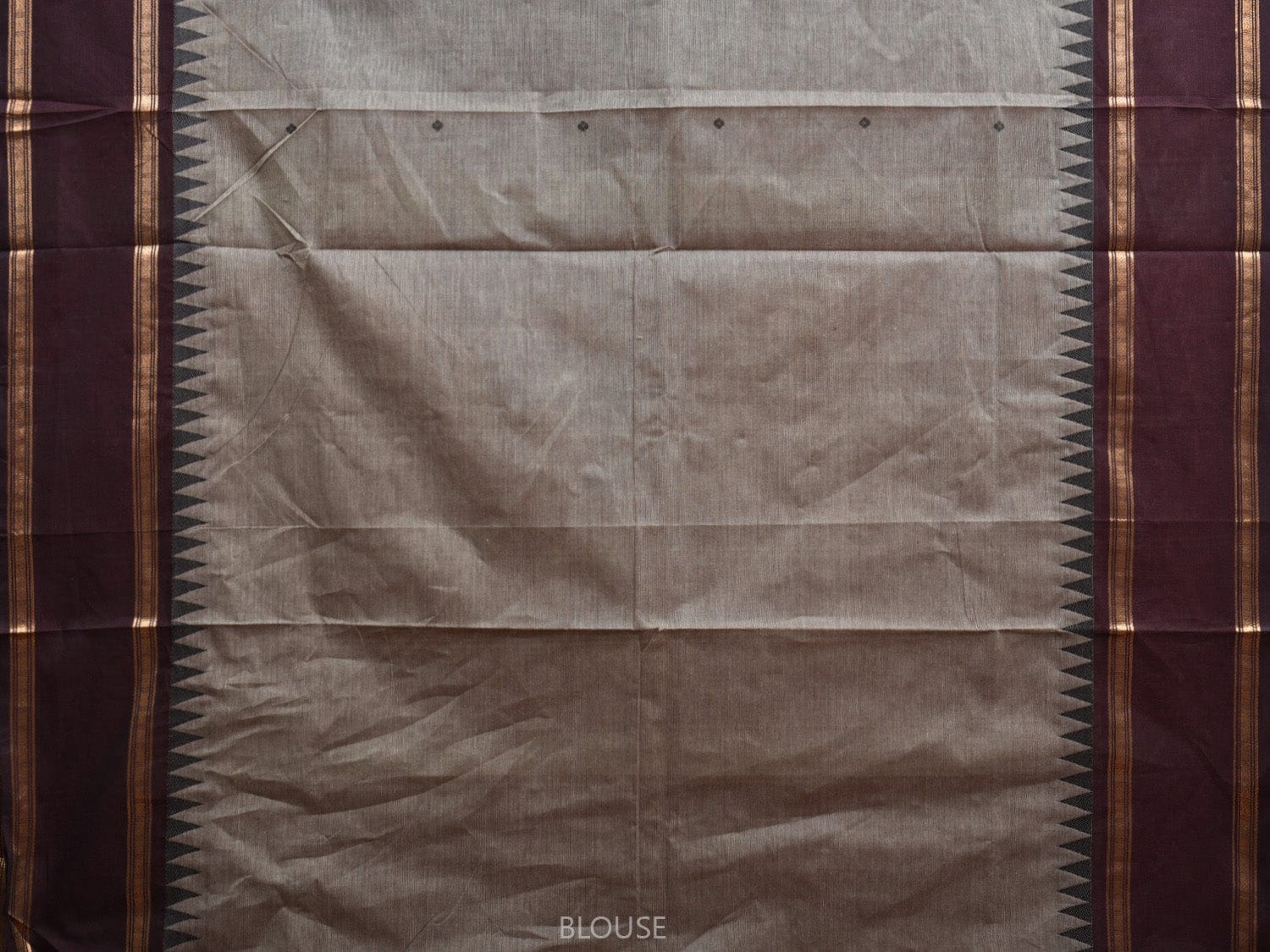 Grey and Wine Kanchipuram Cotton Saree with Strips Pallu and Temple Border Design k0729