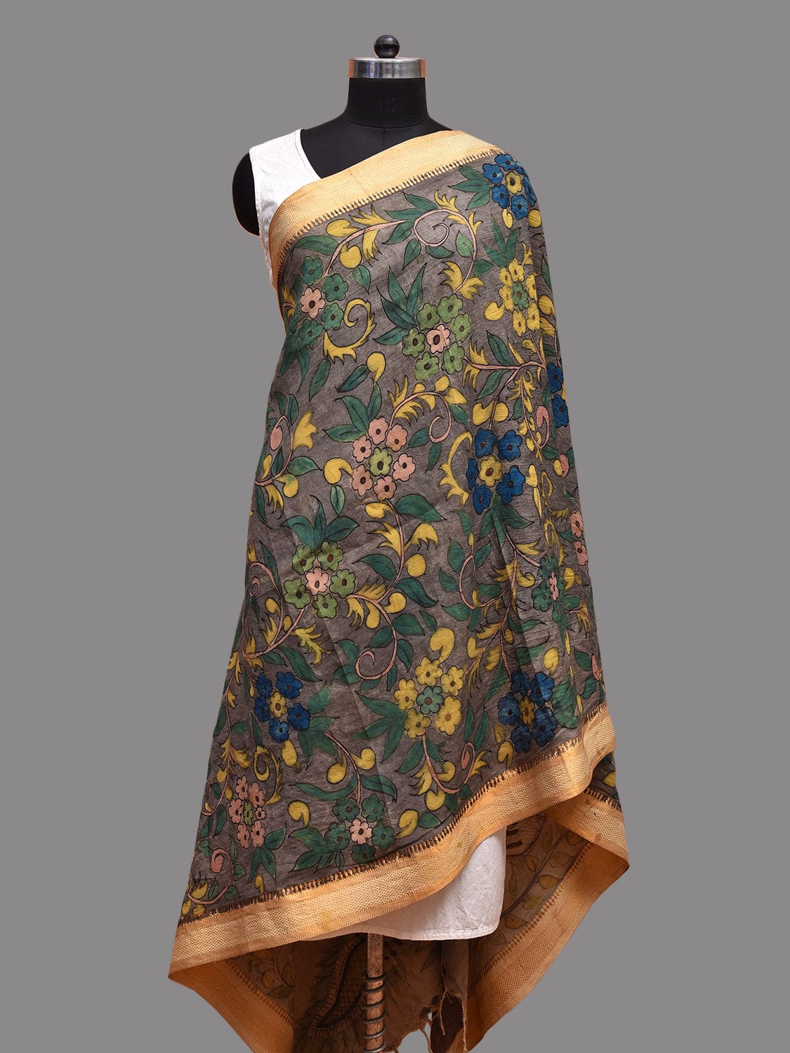 Grey and Yellow Kalamkari Hand Painted Sico Dupatta with Floral and Peacocks Design ds3671