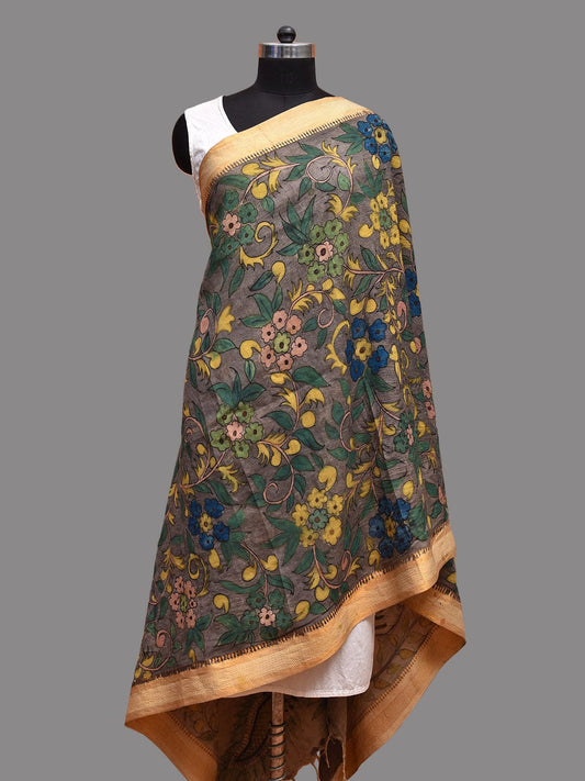Grey and Yellow Kalamkari Hand Painted Sico Dupatta with Floral and Peacocks Design ds3671