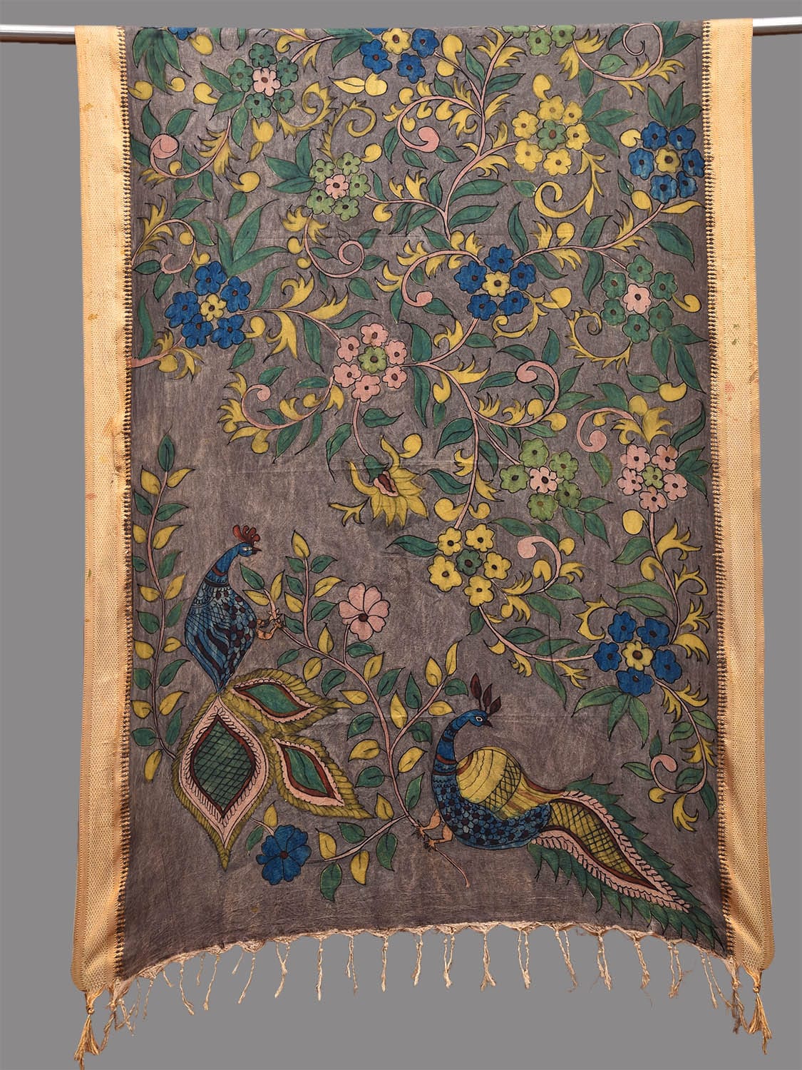 Grey and Yellow Kalamkari Hand Painted Sico Dupatta with Floral and Peacocks Design ds3671