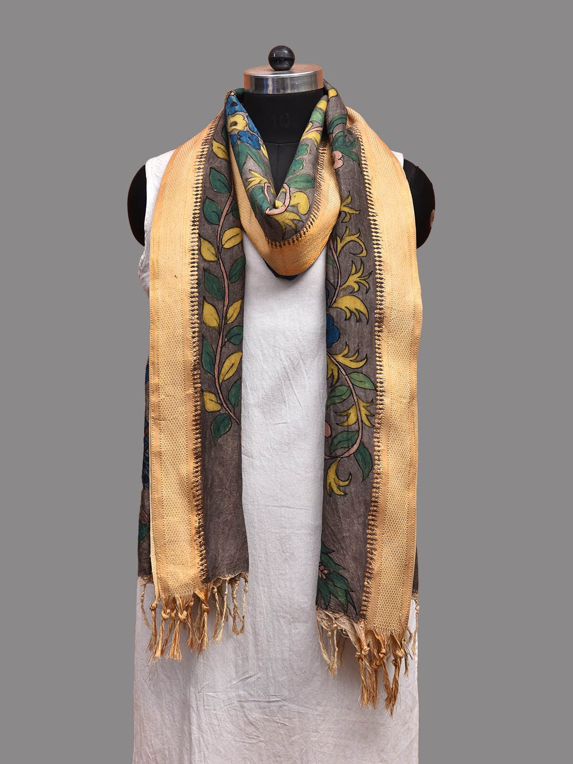 Grey and Yellow Kalamkari Hand Painted Sico Dupatta with Floral and Peacocks Design ds3671