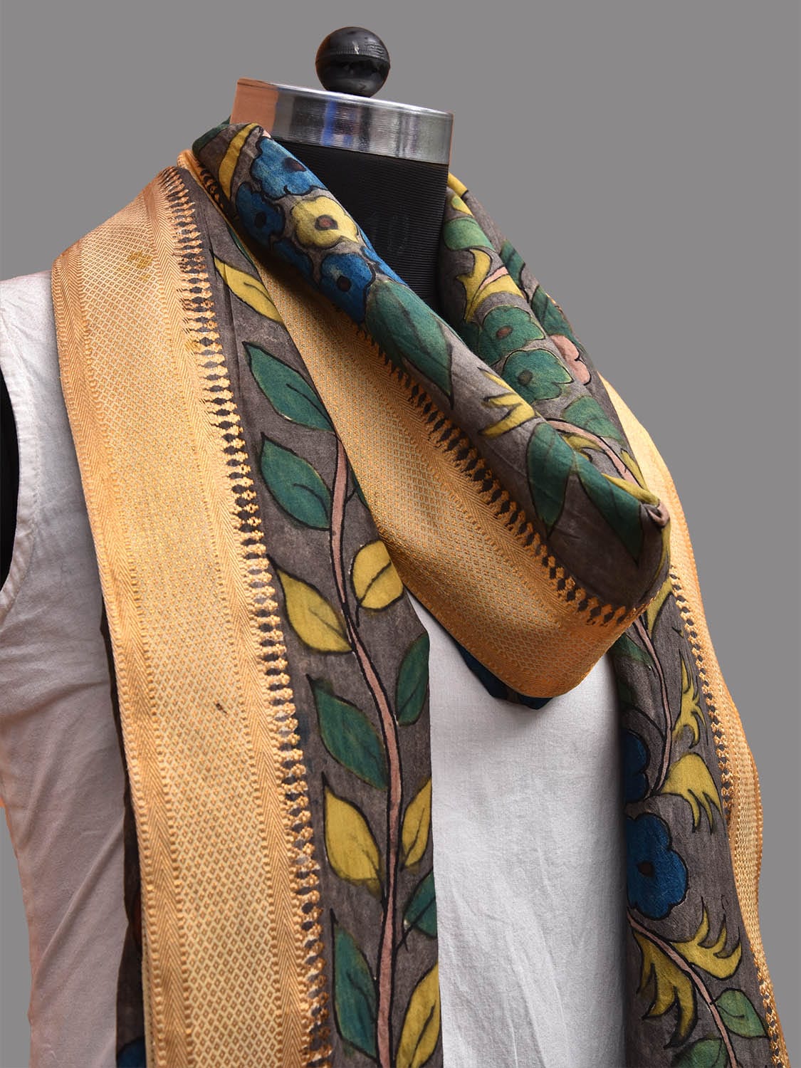 Grey and Yellow Kalamkari Hand Painted Sico Dupatta with Floral and Peacocks Design ds3671