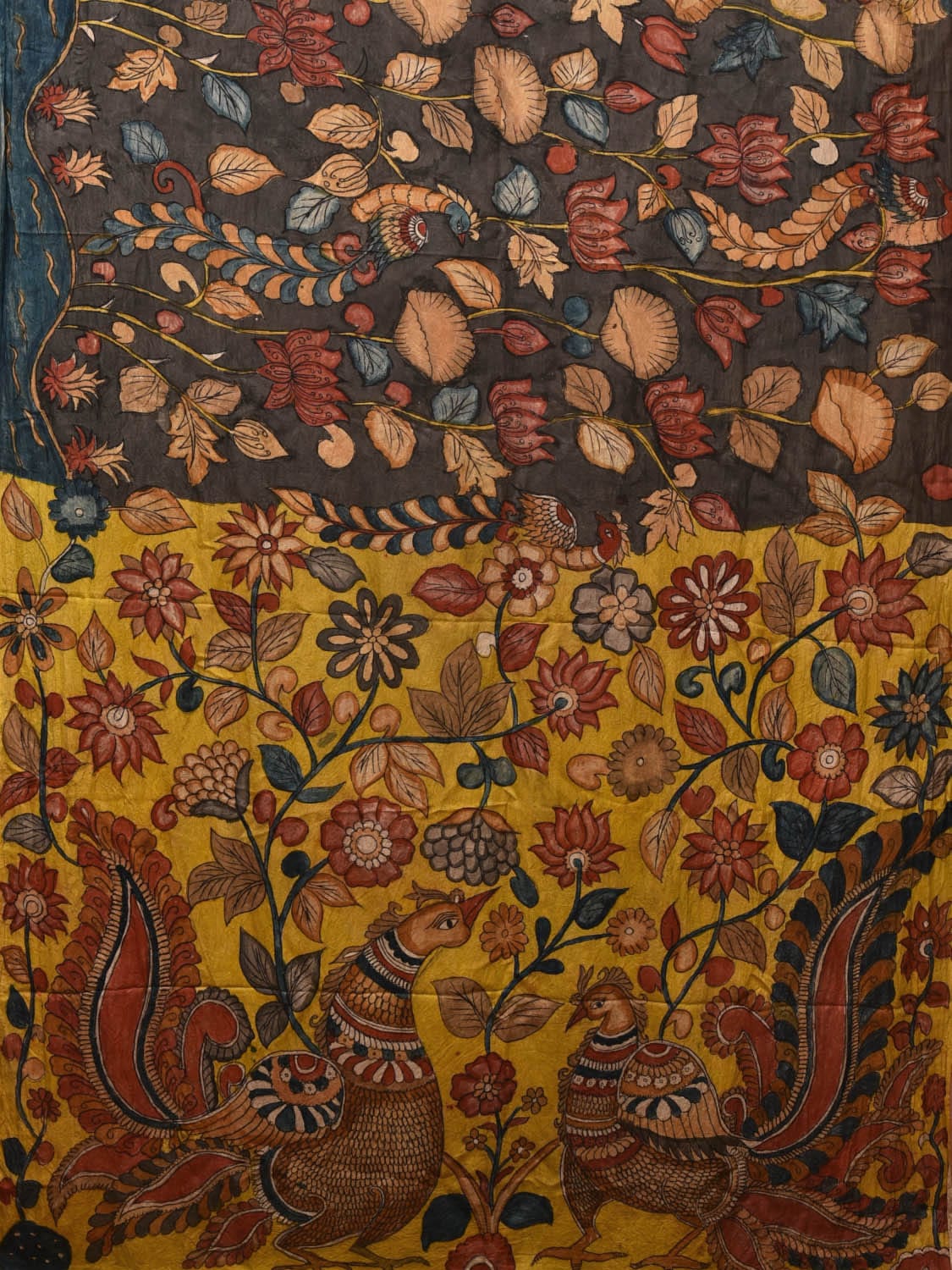 Grey and Yellow Kalamkari Hand Painted Silk Handloom Saree with Floral and Peacocks Design KL0723