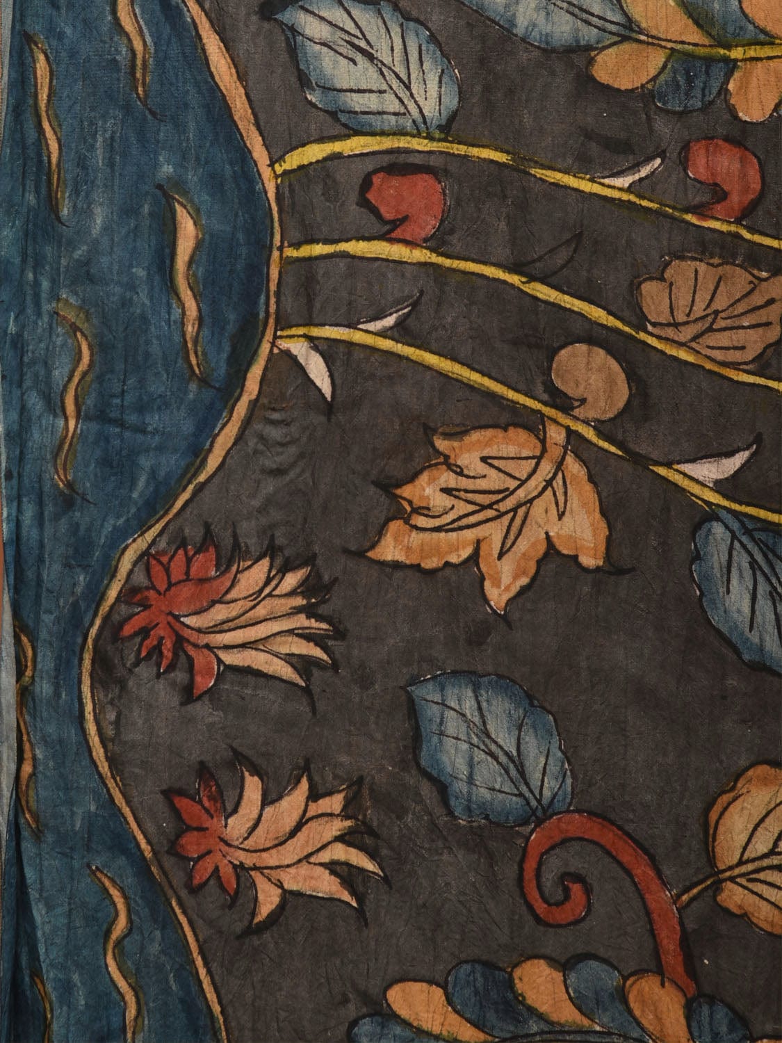 Grey and Yellow Kalamkari Hand Painted Silk Handloom Saree with Floral and Peacocks Design KL0723