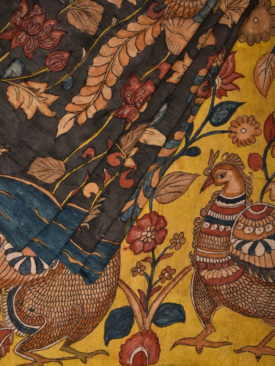 Grey and Yellow Kalamkari Hand Painted Silk Handloom Saree with Floral and Peacocks Design KL0723