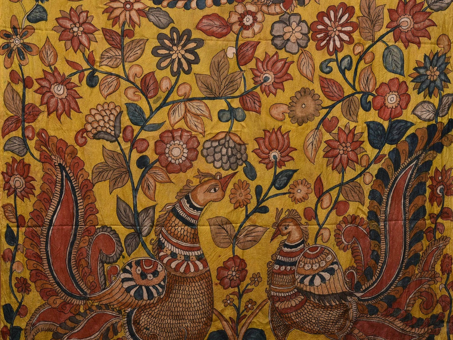 Grey and Yellow Kalamkari Hand Painted Silk Handloom Saree with Floral and Peacocks Design KL0723
