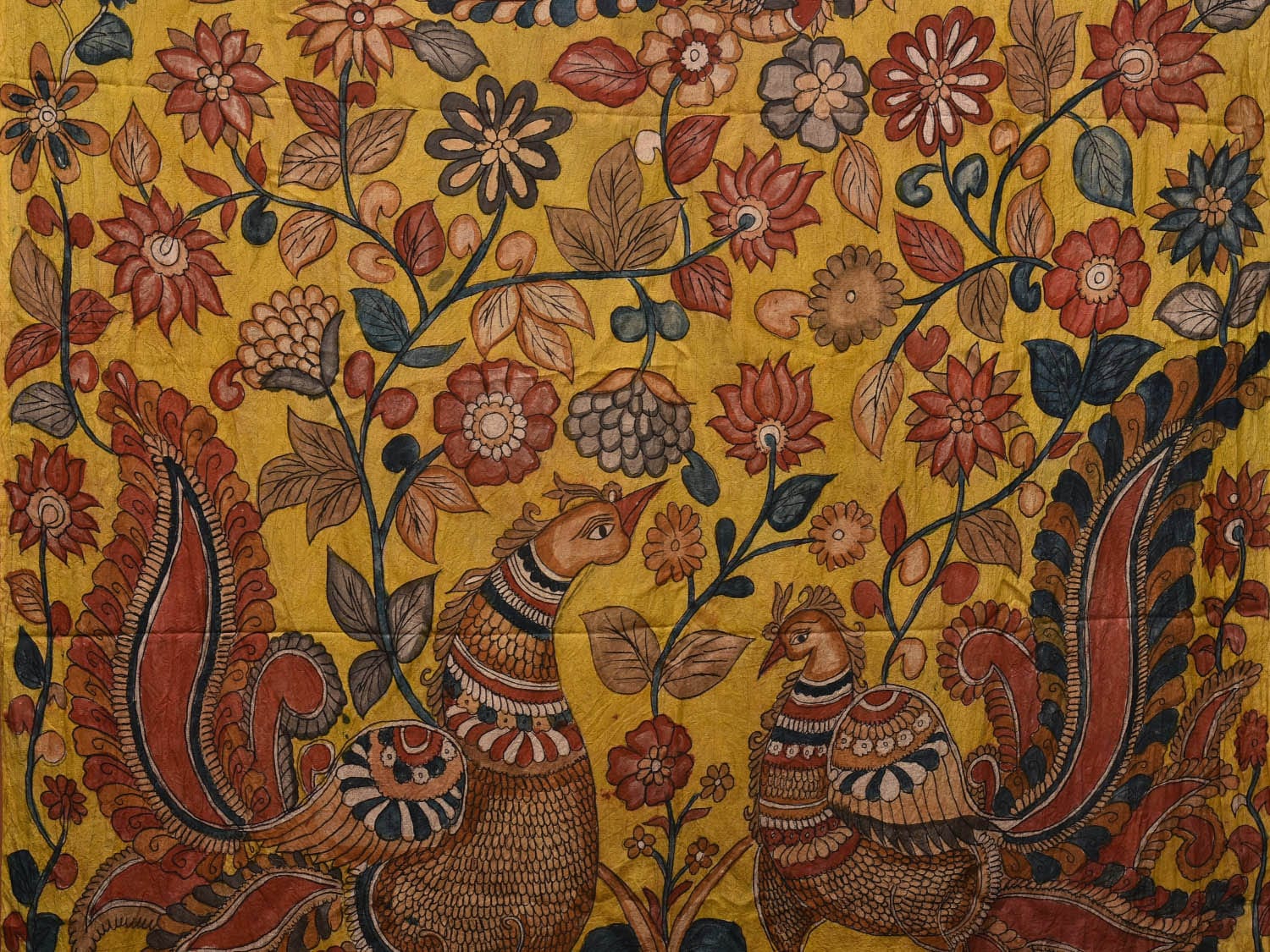Grey and Yellow Kalamkari Hand Painted Silk Handloom Saree with Floral and Peacocks Design KL0723