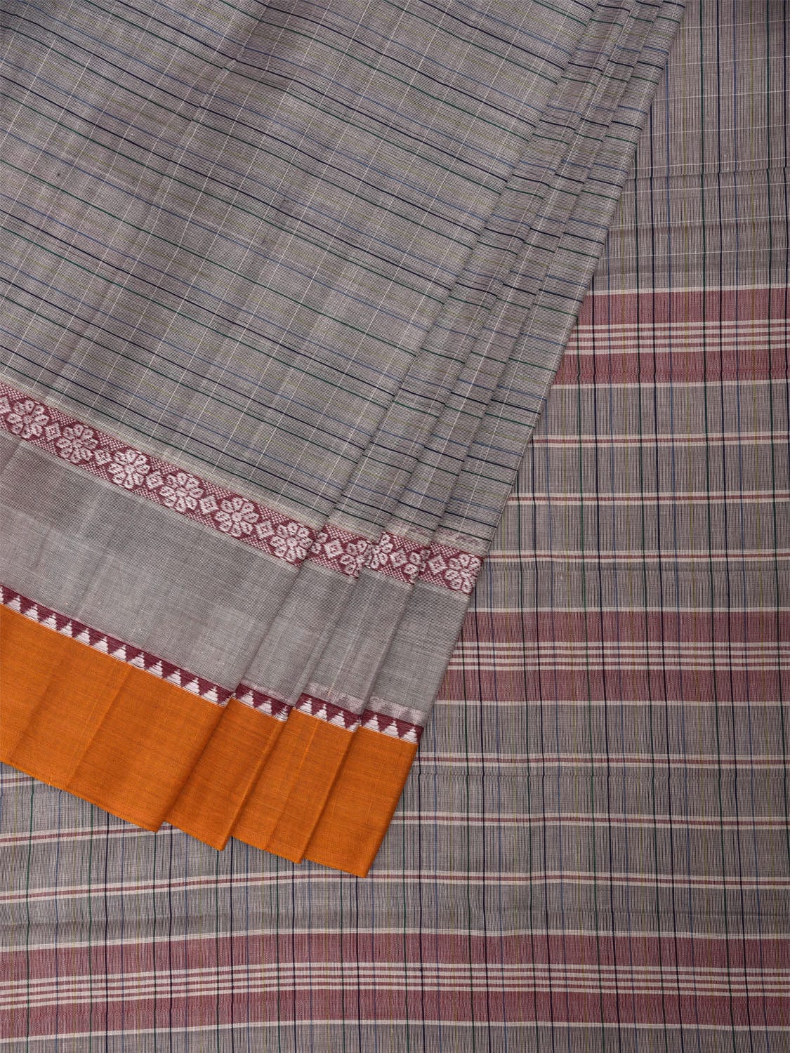 Grey and Yellow Narayanpet Cotton Handloom Saree with Strips Design No Blouse np1115