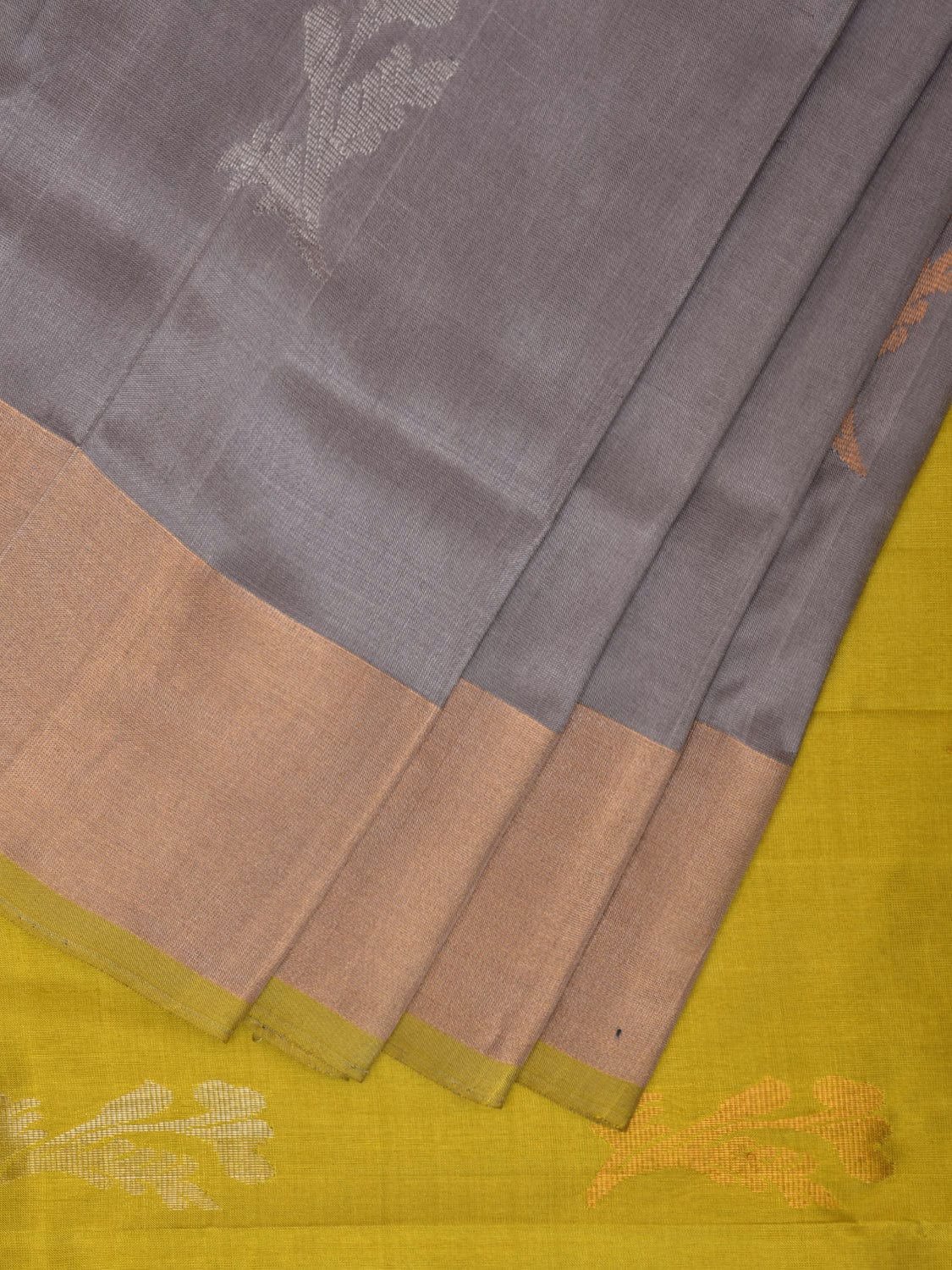 Grey and Yellow Uppada Plain Silk Handloom Saree with Buta and Contrast Pallu Design u2246