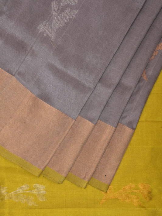 Grey and Yellow Uppada Plain Silk Handloom Saree with Buta and Contrast Pallu Design u2246