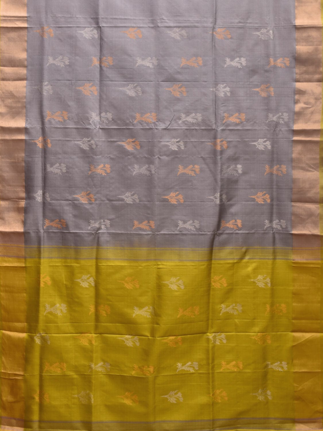 Grey and Yellow Uppada Plain Silk Handloom Saree with Buta and Contrast Pallu Design u2246