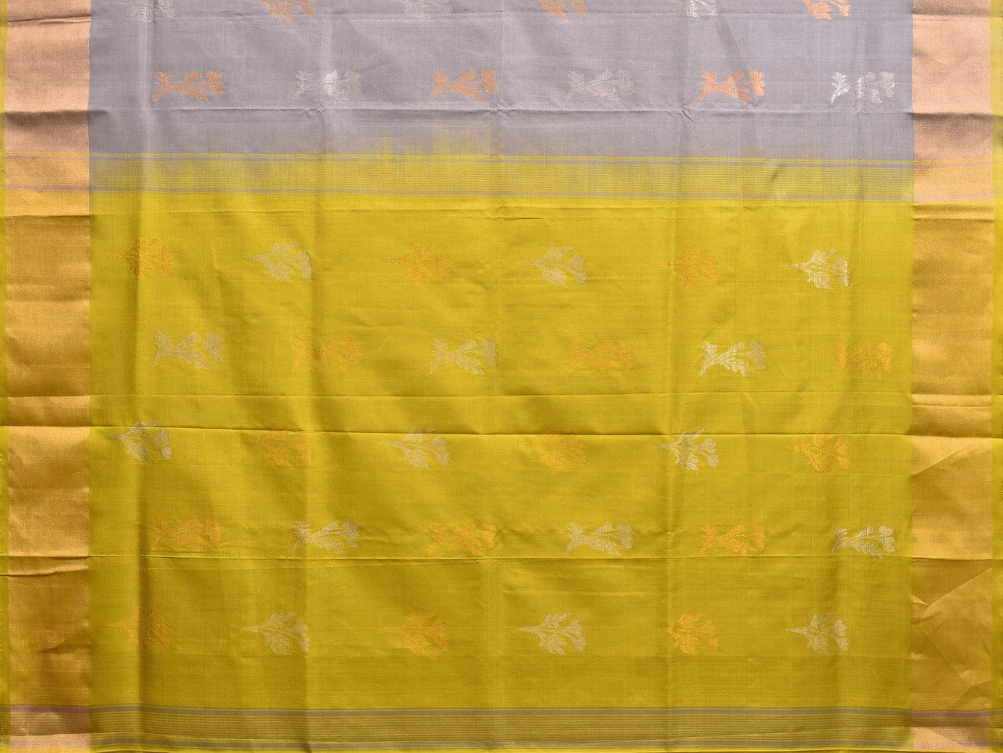 Grey and Yellow Uppada Plain Silk Handloom Saree with Buta and Contrast Pallu Design u2246