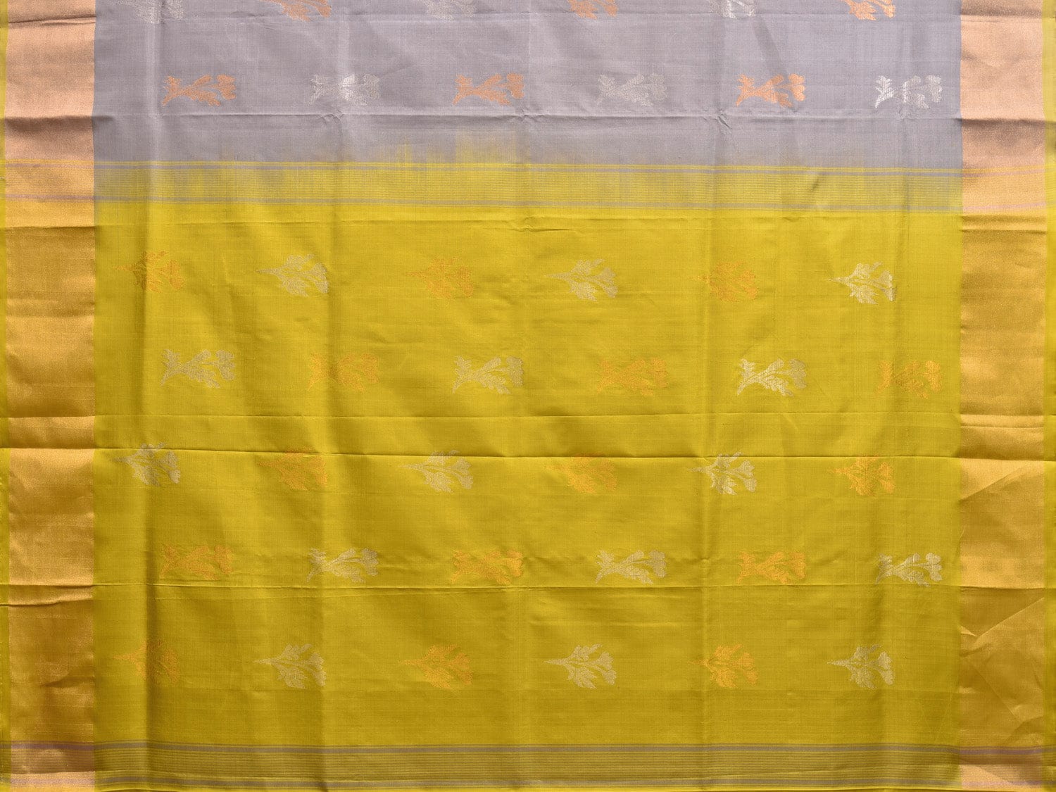Grey and Yellow Uppada Plain Silk Handloom Saree with Buta and Contrast Pallu Design u2246