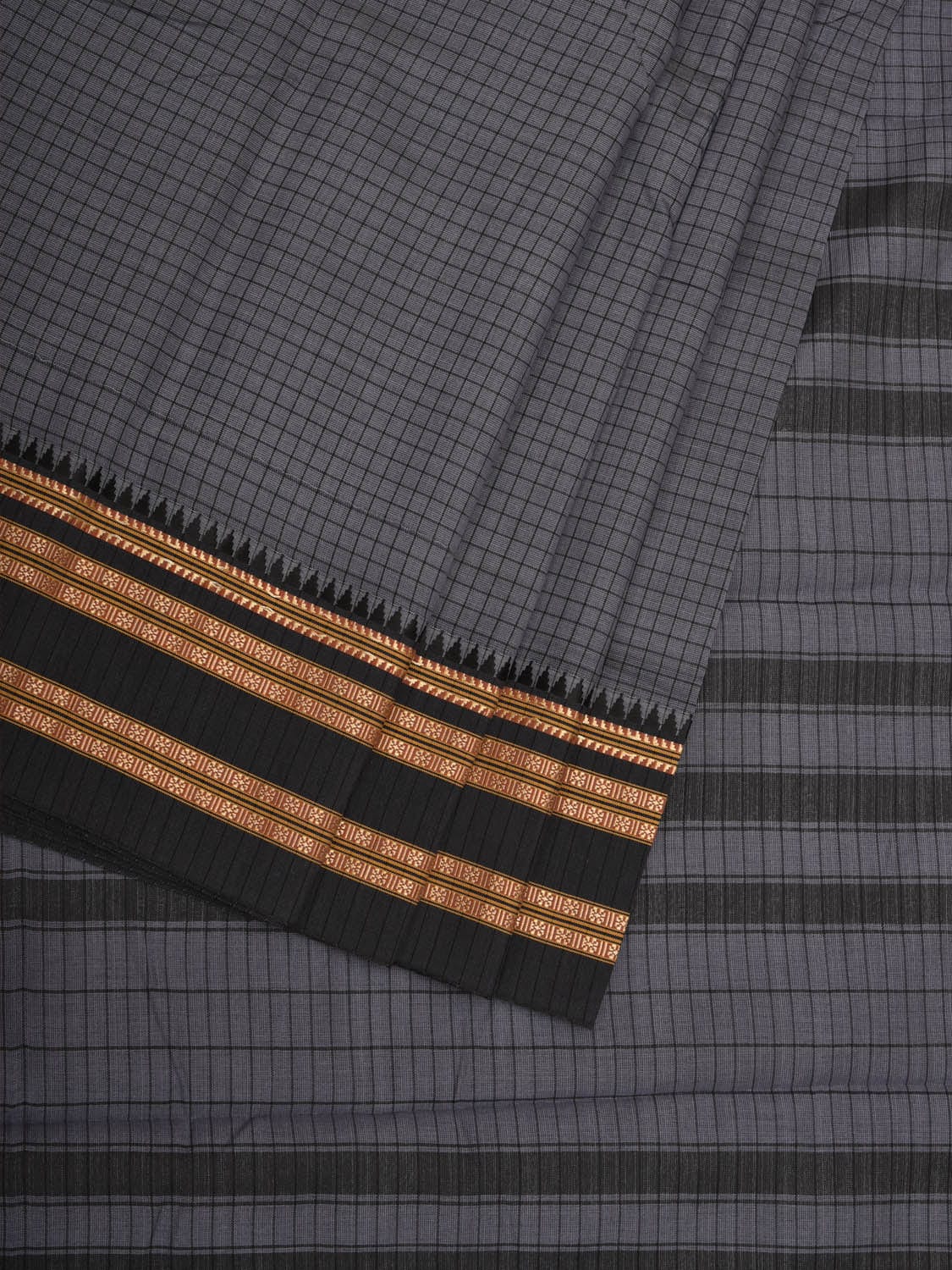 Grey Bamboo Cotton Saree with Checks Design bc0064