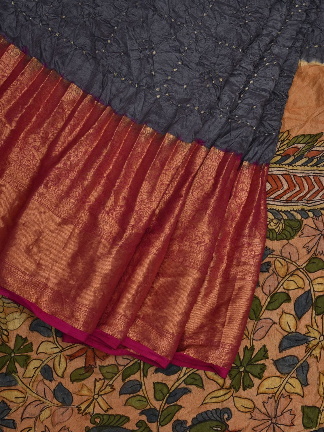 Grey Bandhani Kanchipuram Silk Handloom Saree with Kalamkari Pallu and Blouse Design bn0417