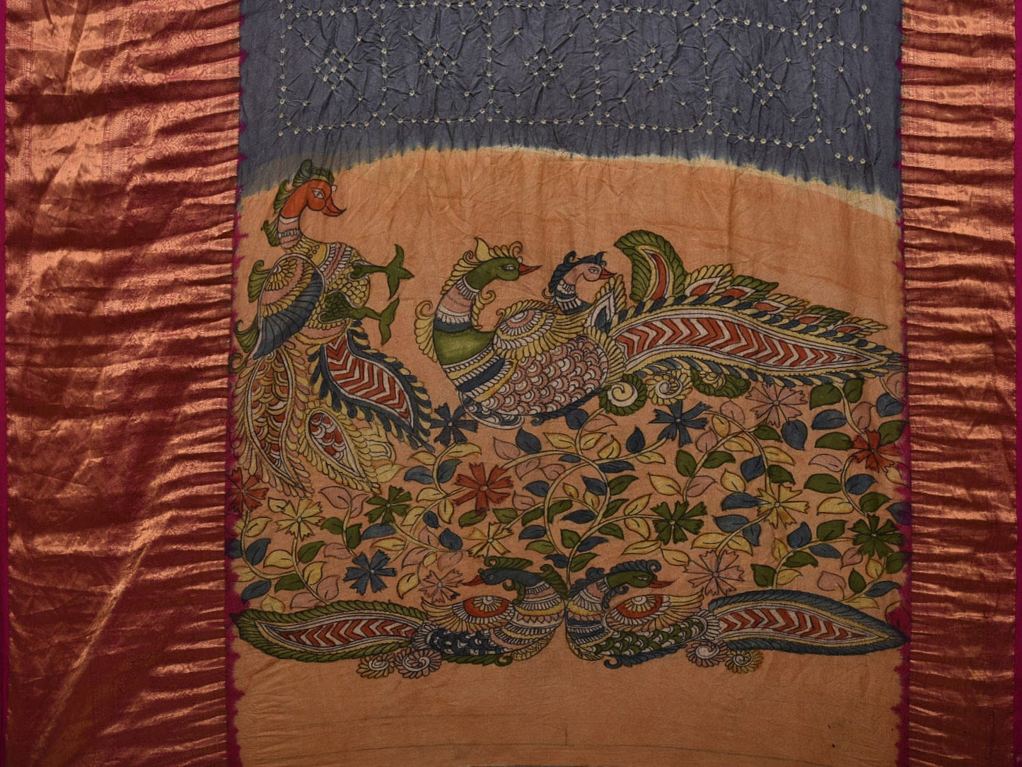 Grey Bandhani Kanchipuram Silk Handloom Saree with Kalamkari Pallu and Blouse Design bn0417