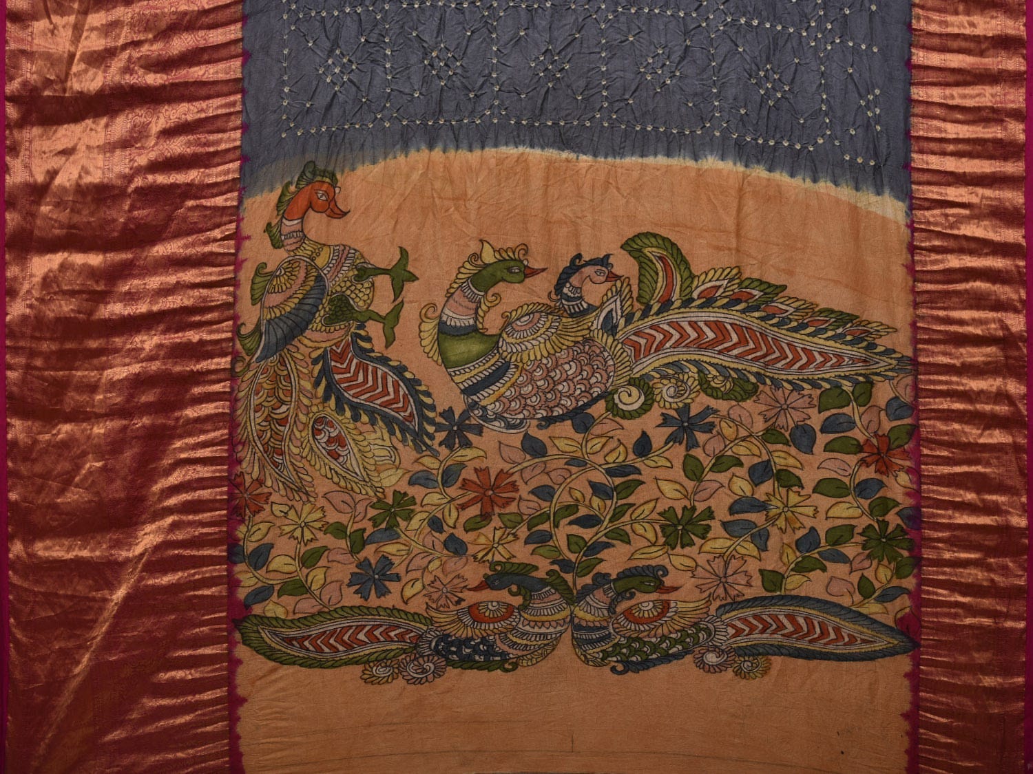 Grey Bandhani Kanchipuram Silk Handloom Saree with Kalamkari Pallu and Blouse Design bn0417