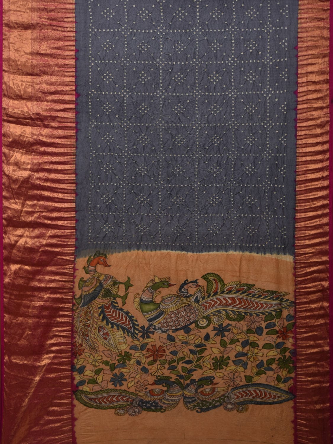 Grey Bandhani Kanchipuram Silk Handloom Saree with Kalamkari Pallu and Blouse Design bn0417