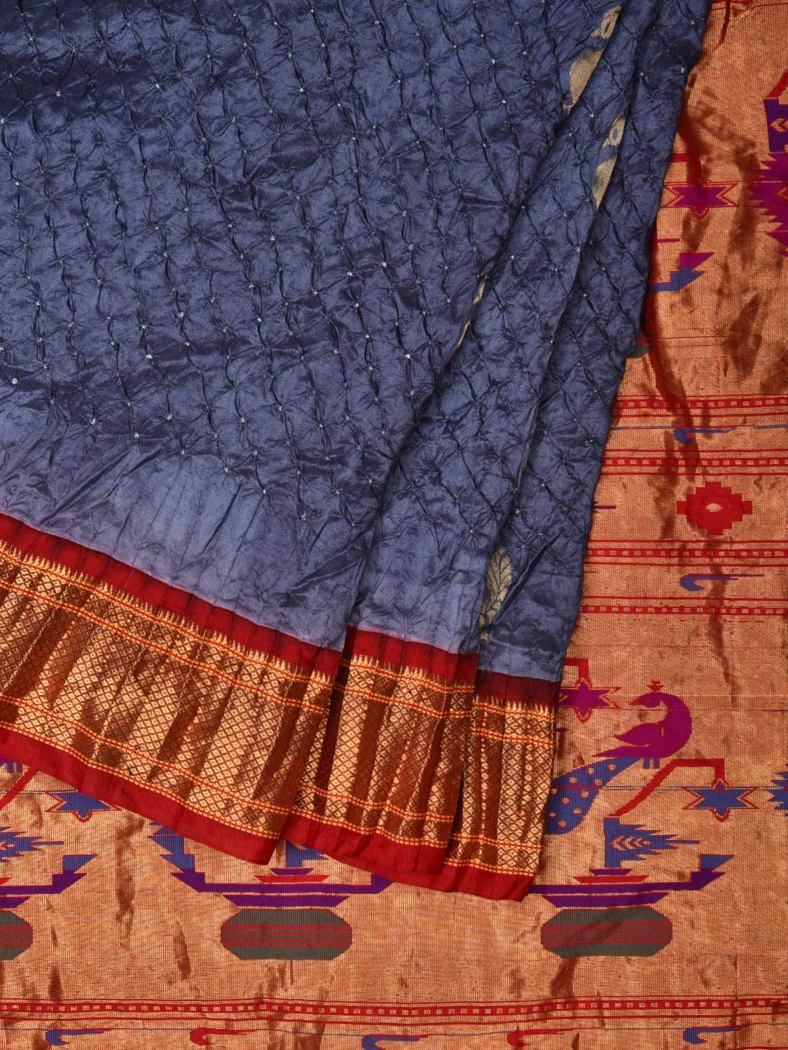 Grey Bandhani Paithani Silk Handloom Saree with Bird Buta Design bn0264