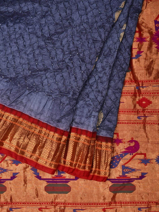 Grey Bandhani Paithani Silk Handloom Saree with Bird Buta Design bn0264