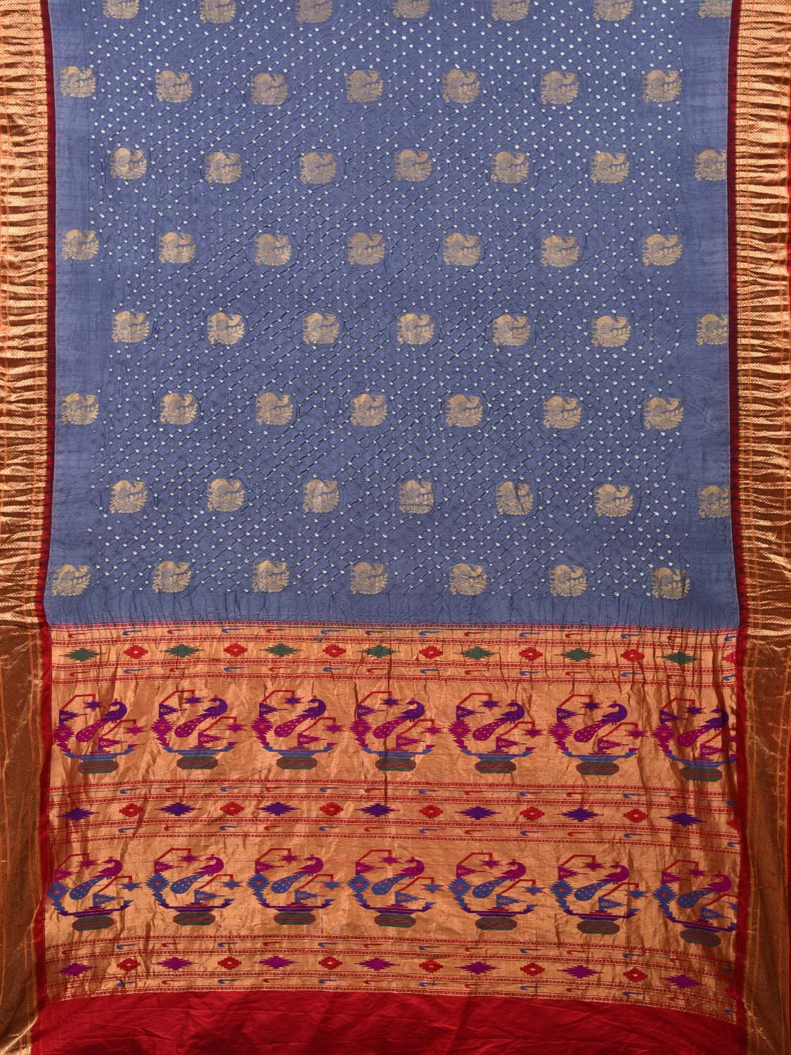Grey Bandhani Paithani Silk Handloom Saree with Bird Buta Design bn0264