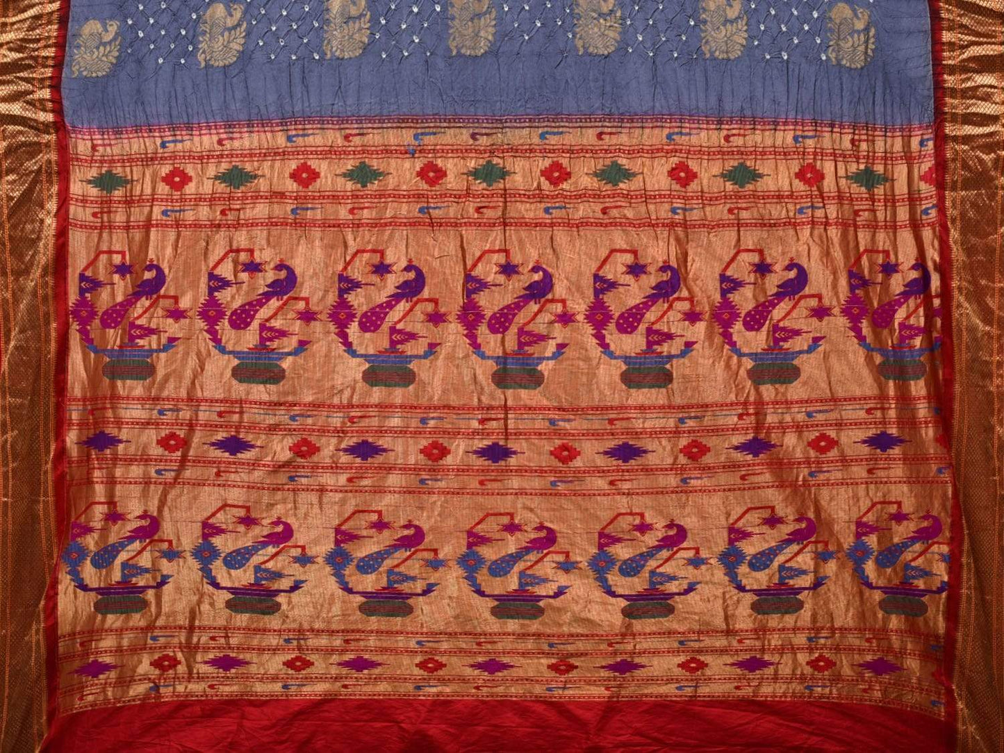 Grey Bandhani Paithani Silk Handloom Saree with Bird Buta Design bn0264