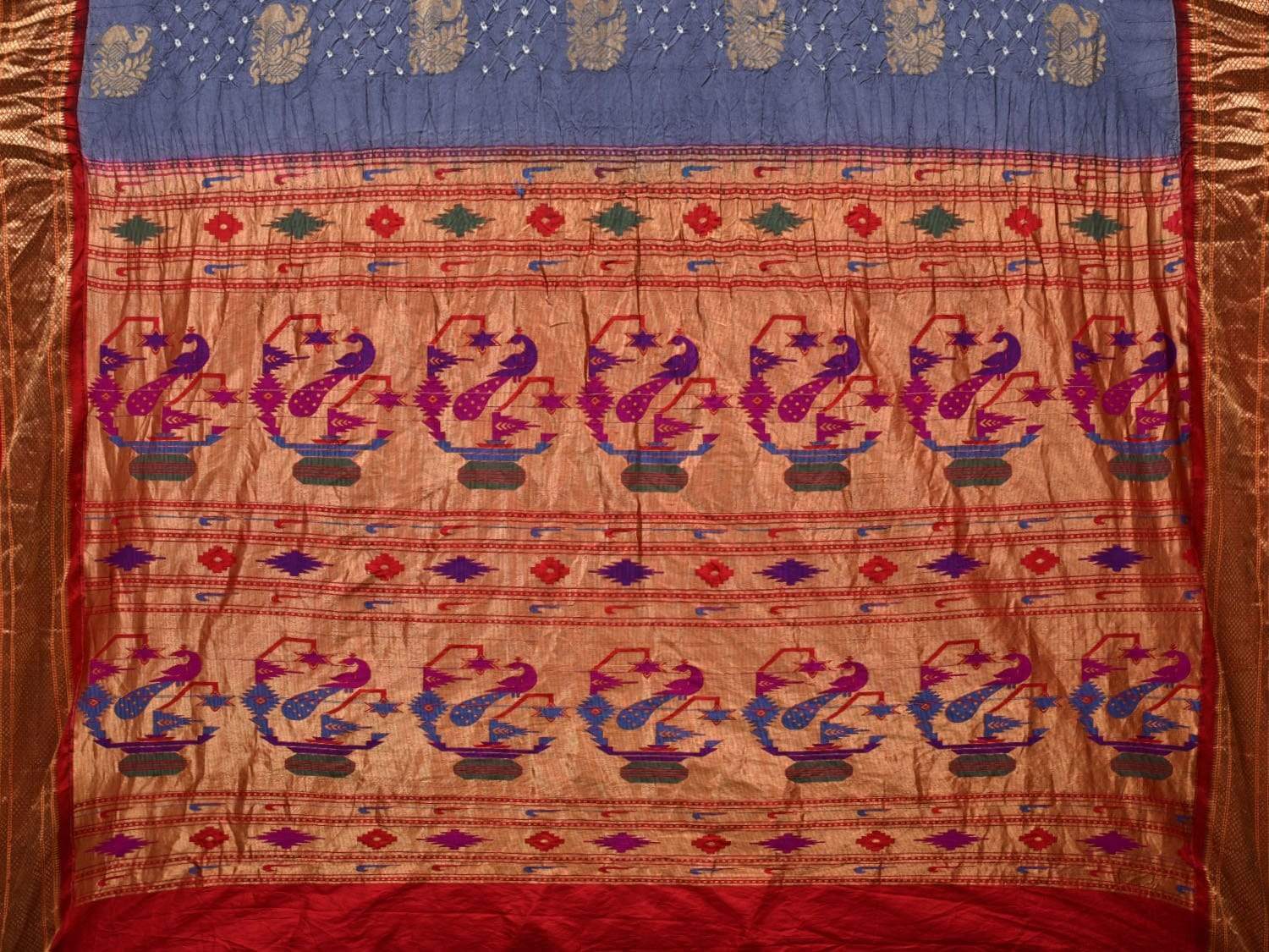 Grey Bandhani Paithani Silk Handloom Saree with Bird Buta Design bn0264