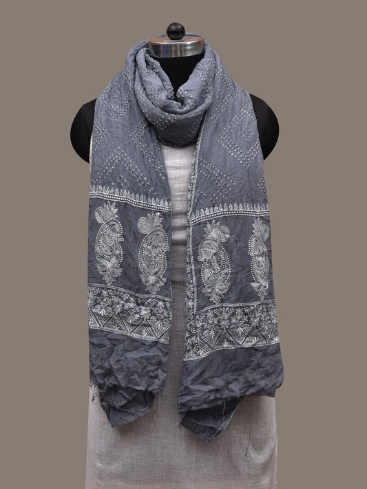 Grey Bandhani Silk Handloom Dupatta with Mango Design ds2901