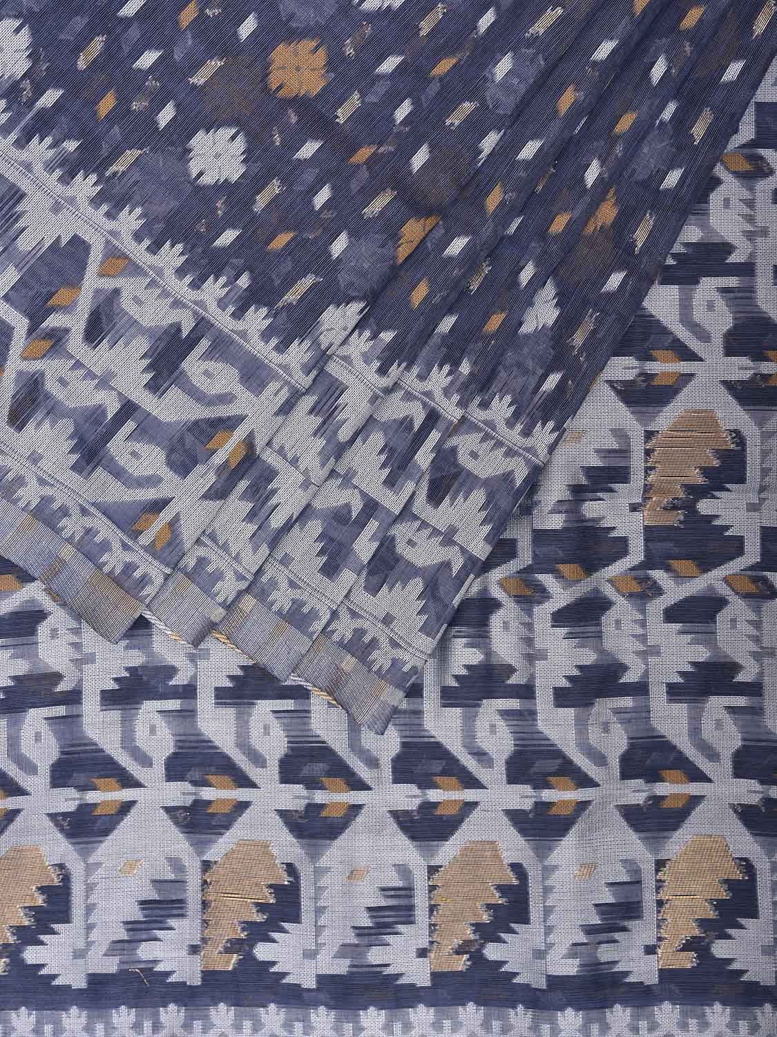 Grey Dhakai Jamdani Cotton Viscose Saree with Pallu and Border Design dj0093